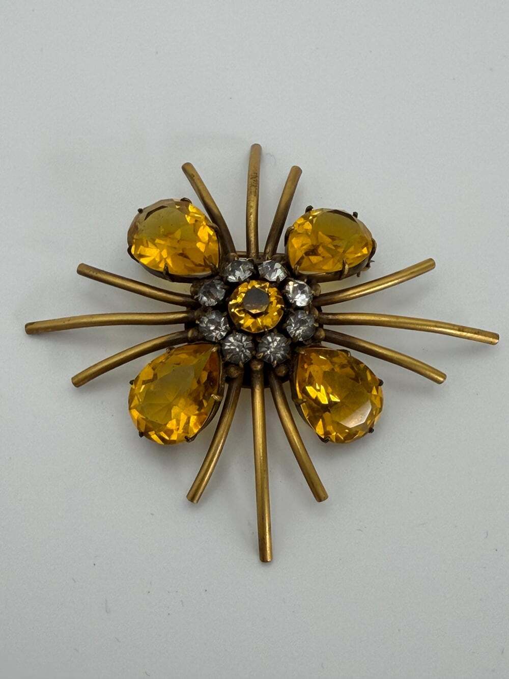 Vintage Joseff Brooch, Russian Gold Finish, Yellow Pear Rhinestones Starburst, S